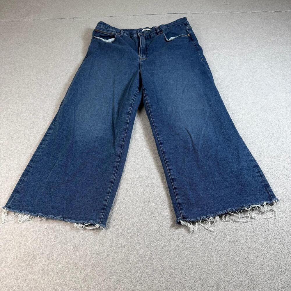 Good American Jeans Womens 20 Blue High Rise Wide Leg Crop Raw Hem Stretch Denim